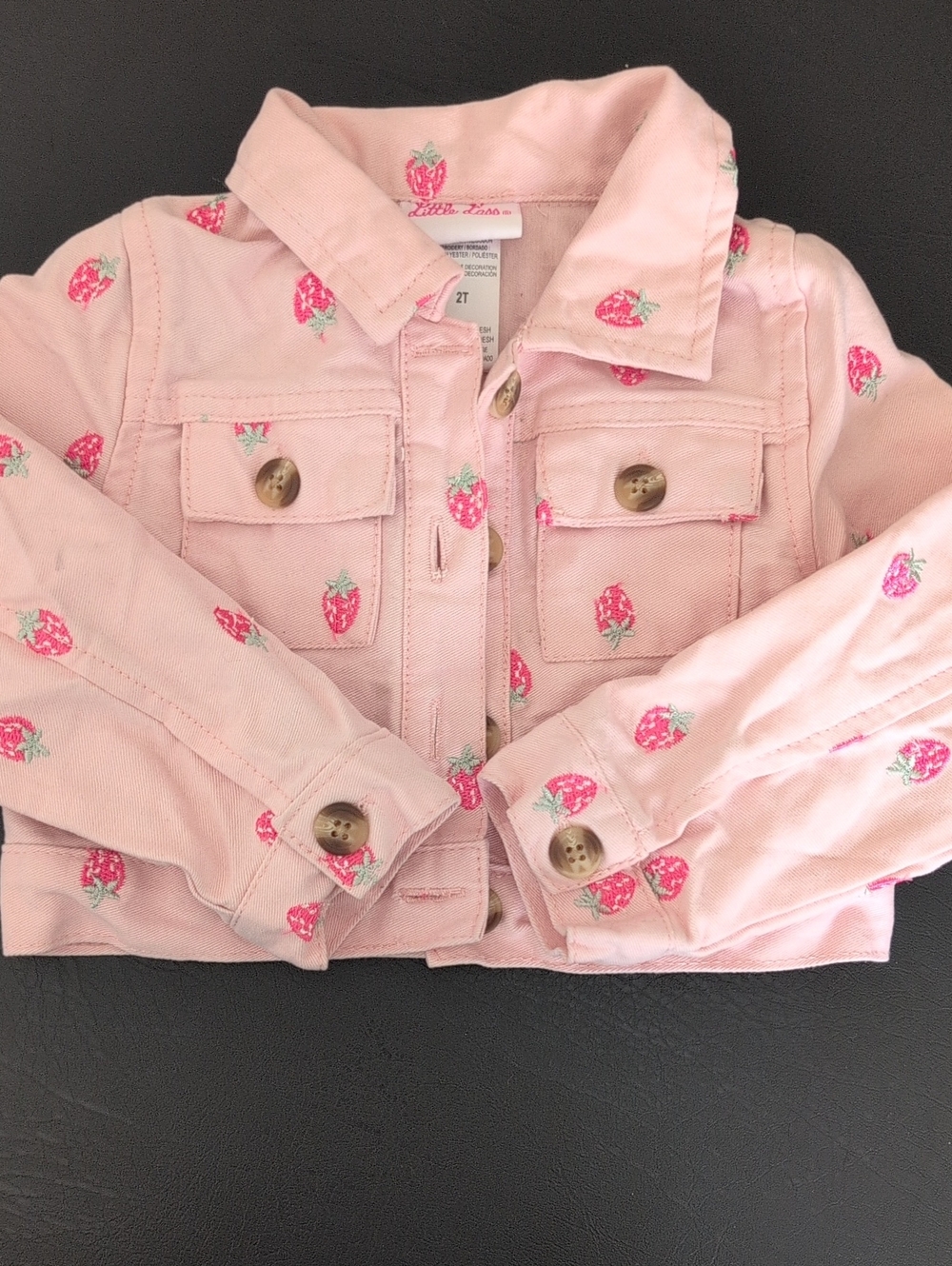 Little Lass Pink Strawberry-Print Kids Denim Jacket